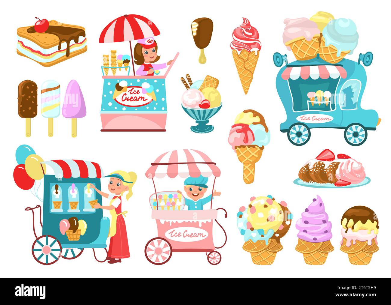 Cute ice cream sellers. Different types of cold sweets in cones