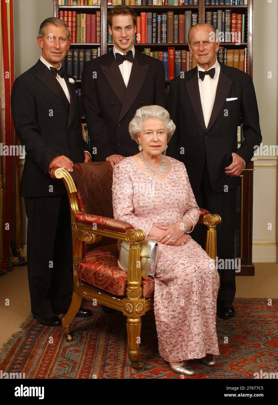 File photo dated 02/06/03 of three generations of the British Royal family - Queen Elizabeth II and her husband, the Duke of Edinburgh, their oldest son, the Prince of Wales, and his oldest son, Prince William, at Clarence House in London before a dinner to mark the 50th anniversary of her Coronation. Photos from every year of the King's life have been compiled by the PA news agency to celebrate King Charles III's 75th birthday. Issue date: Sunday November 12, 2023. Stock Photo