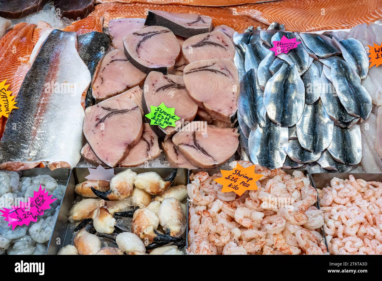 Fish and seafood seen at a market in Belfast, Northern Ireland Stock Photo