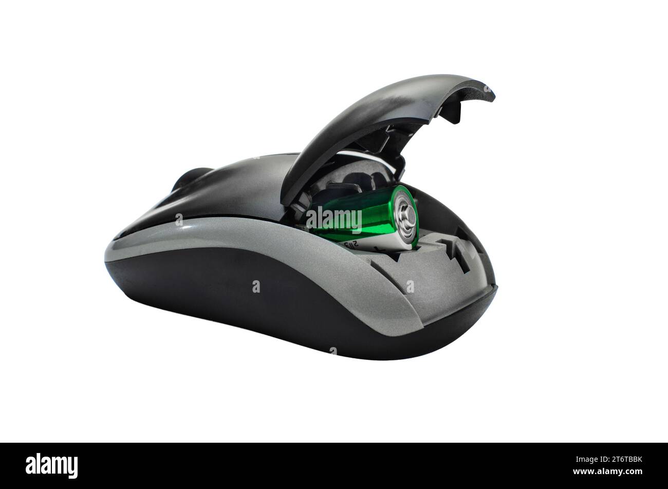 Closeup of a computer mouse with the battery compartment cover open