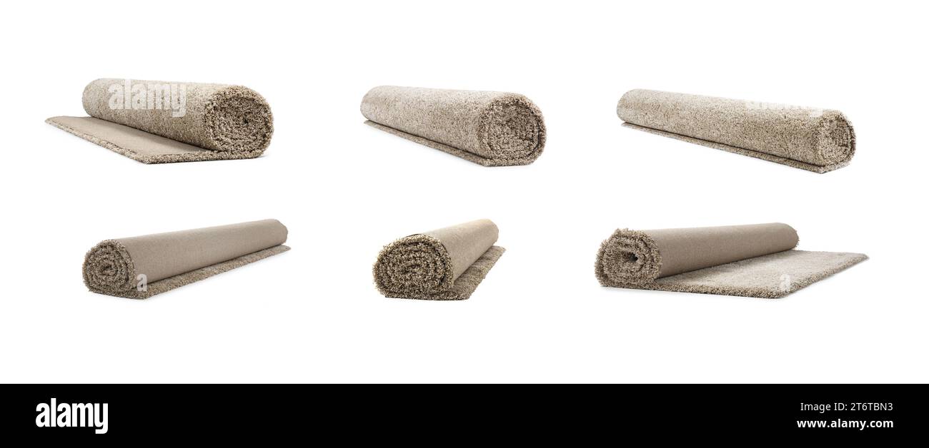 One fluffy rolled carpet isolated on white, set Stock Photo - Alamy