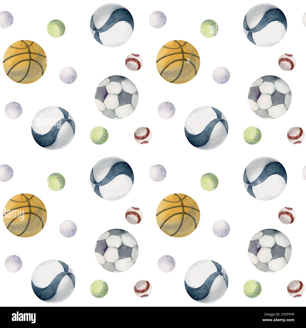 Hand drawn watercolor team sports gear equipment, balls mix, training