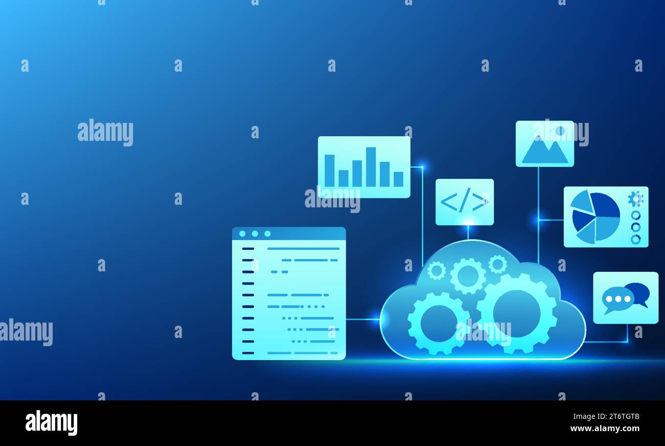 Cloud technology inside has gears along with a screen displaying command codes, charts, and icons. Software connected to the cloud system. There are Stock Vector