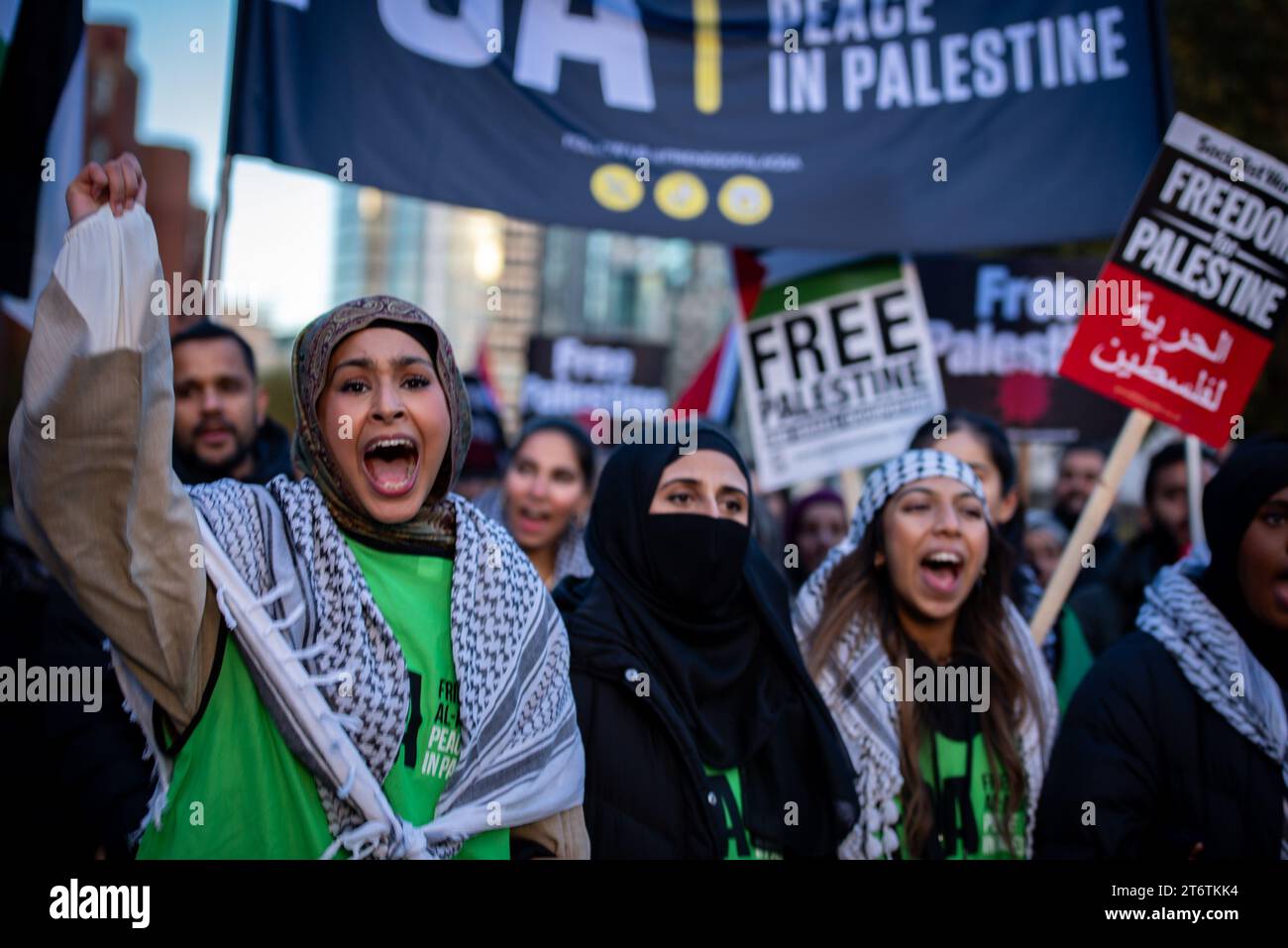 Protestors march with placards during the National March For Palestine – Ceasefire Now! Protest Organisers called for a ceasefire which is rooted in a sincere wish to see an end to all violence, especially that which targets civilians, while recognising that this cannot be achieved unless the root causes of that violence, the 75 years of ongoing Nakba against the Palestinian people, are adequately addressed. (Photo by Loredana Sangiuliano / SOPA Images/Sipa USA) Stock Photo