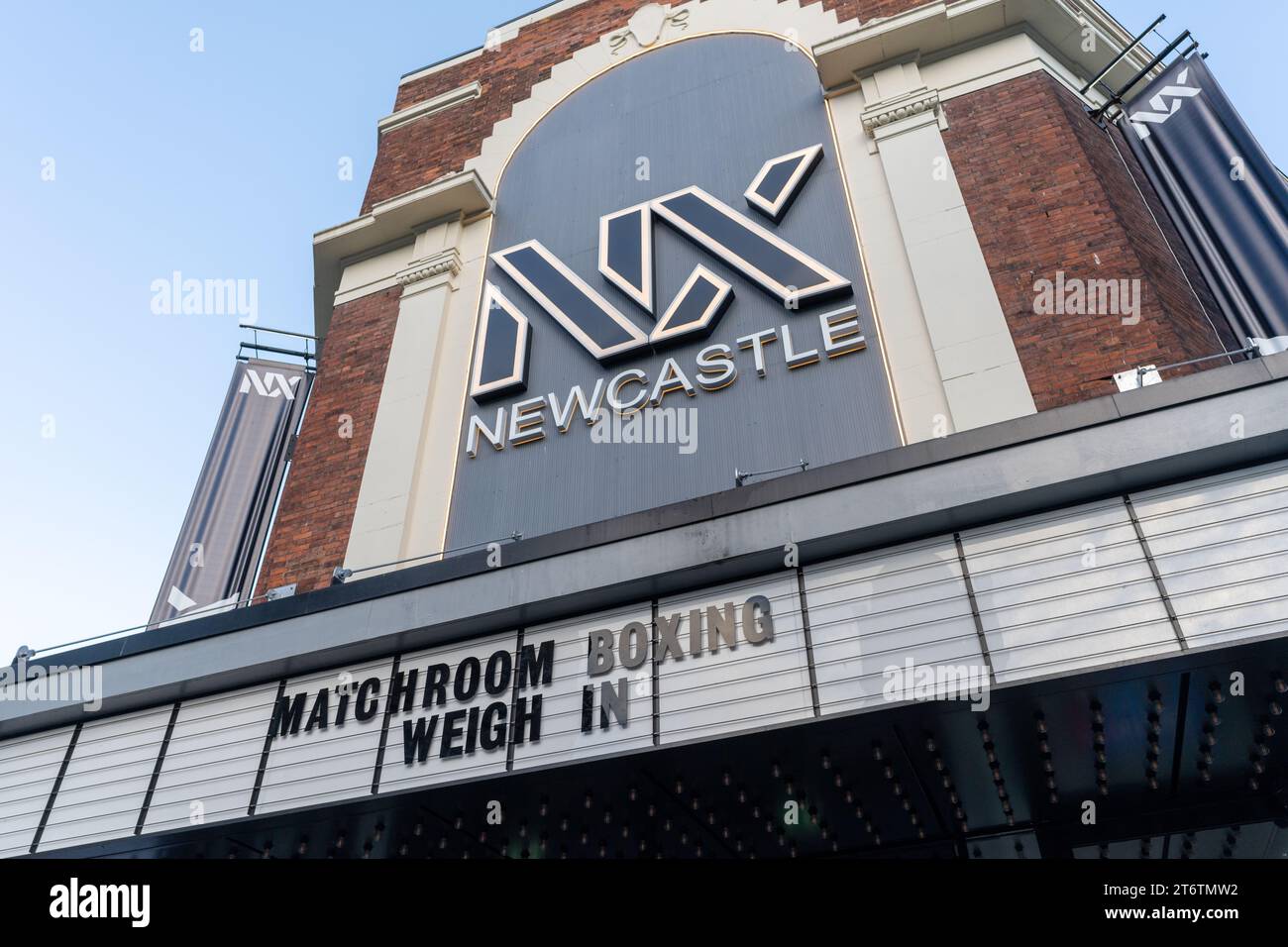 NX venue in the city of Newcastle upon Tyne, UK, with a sign advertising Matchroom Boxing Weigh In. Stock Photo