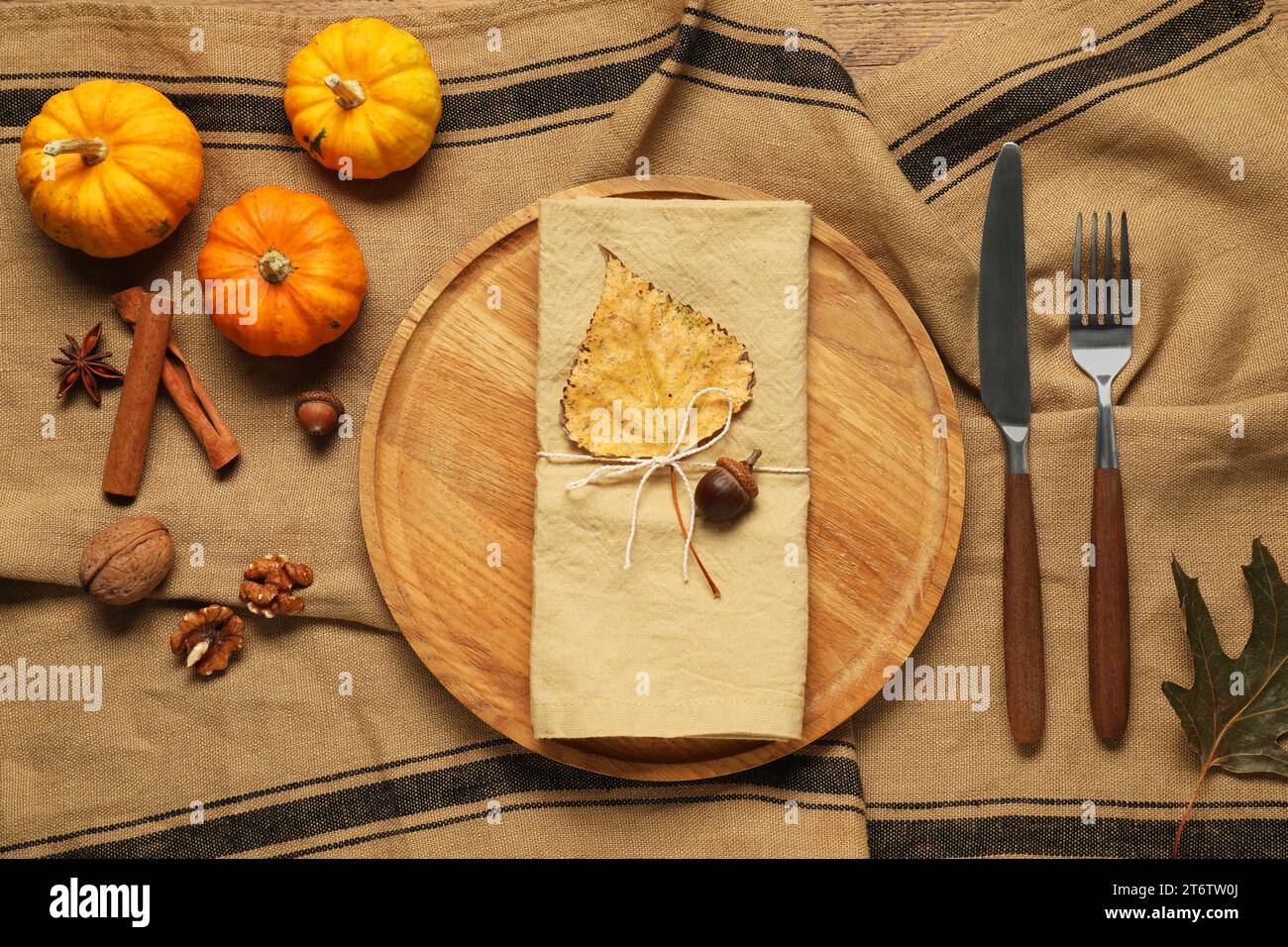 Stylish autumn table setting on cloth, flat lay Stock Photo