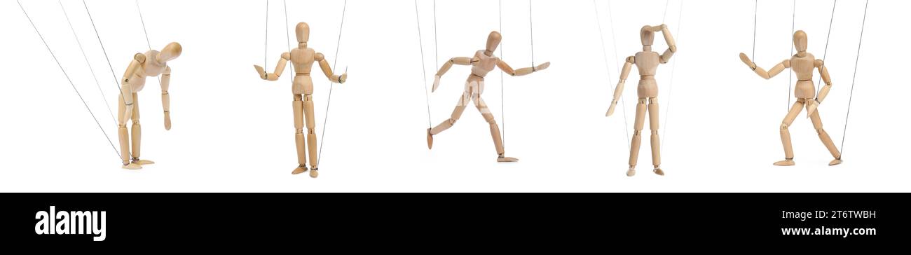 String Puppet Pose Wooden puppet with strings on white background, collection of different ...