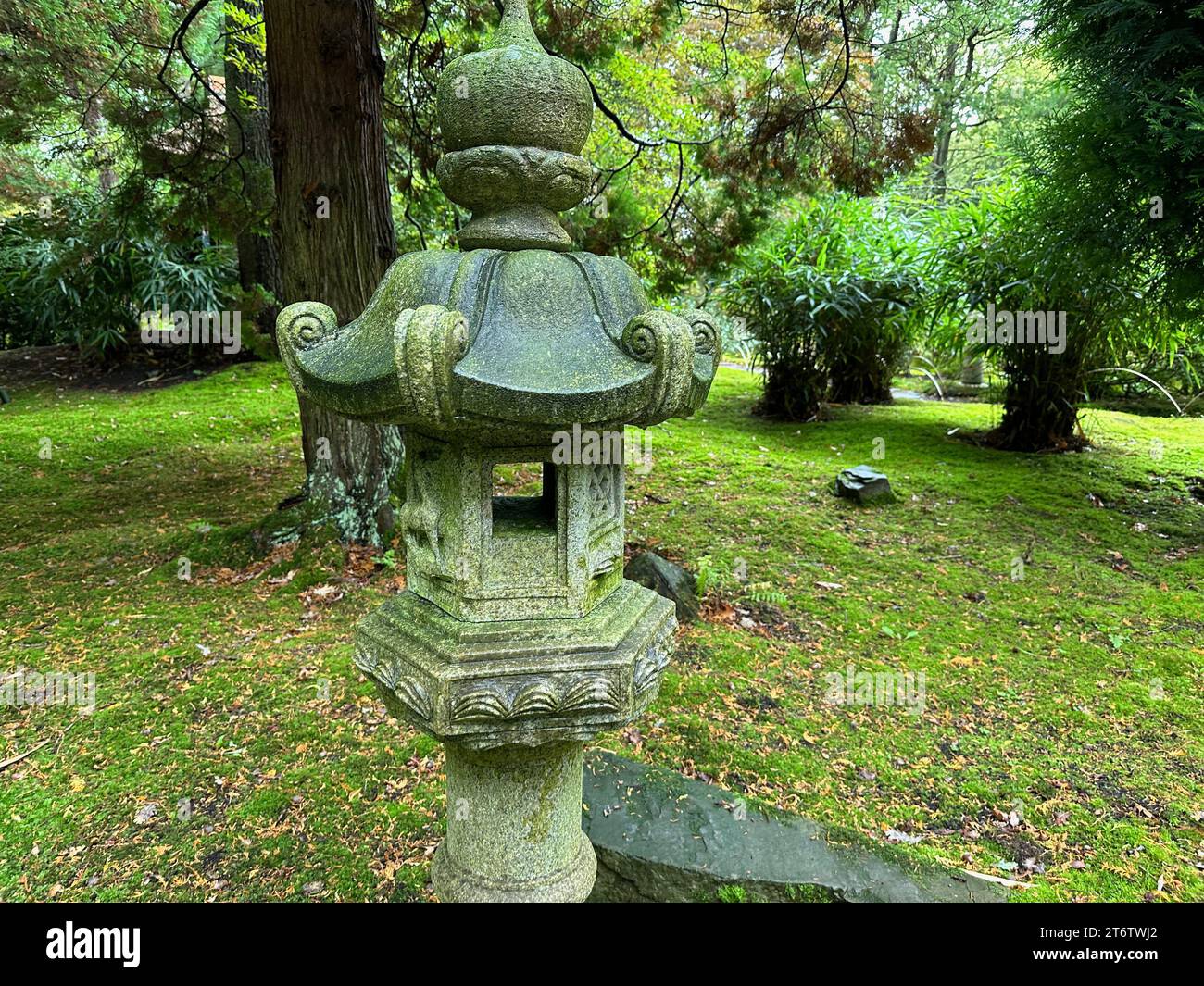 Stone lantern, bright moss and fallen leaves in Japanese garden Stock Photo