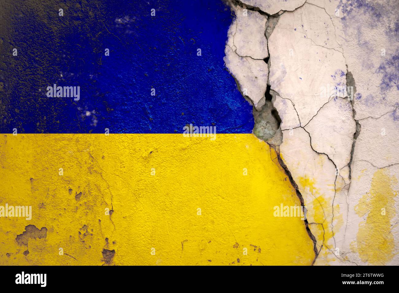 National flag of Ukraine painted on old cracked wall Stock Photo