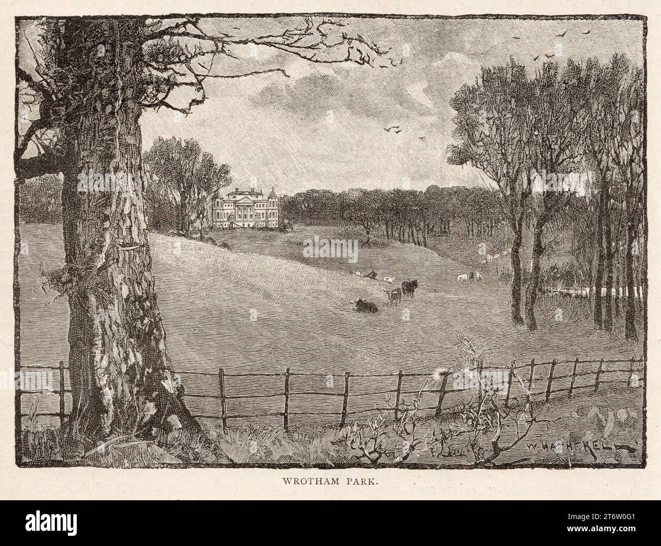 Engraving of Wrotham Park from the book: “Greater London, volume 1” by Cassel and Company, London 1898. Wrotham Park is a neo-Palladian English country house in the parish of South Mimms, Hertfordshire Stock Photo