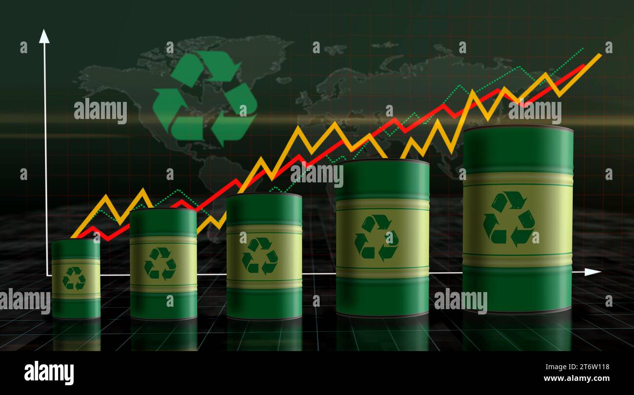 Recycling ecology reuse barrels on growing chart. Green environment and
