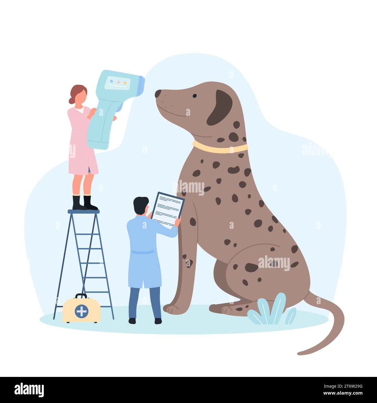 Dog at veterinarians appointment in vet clinic vector illustration. Cartoon tiny doctors with medical infrared thermometer scanner check puppy body temperature, characters examine pet in hospital Stock Vector