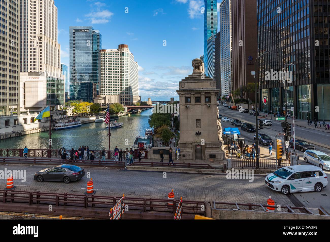 View over the DuSable Bridge towards Lake Michigan. Chicago, United States Stock Photo