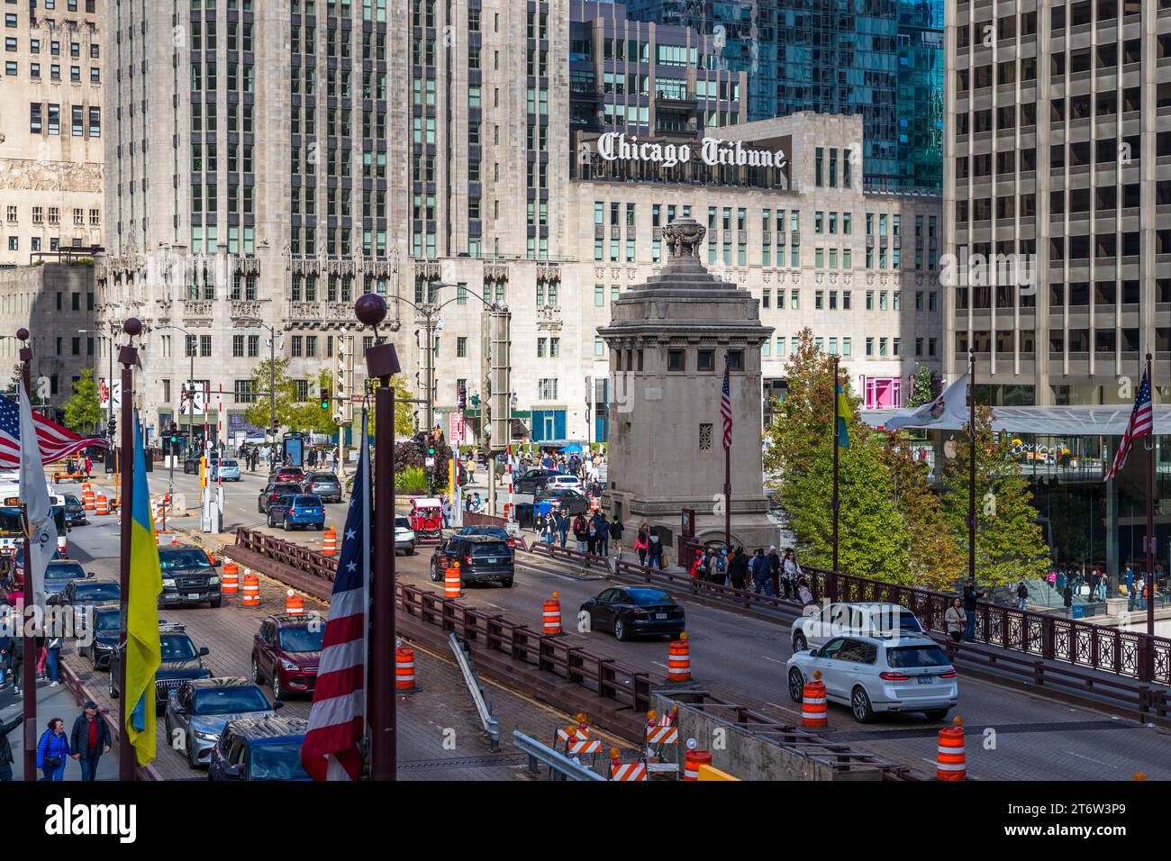 View over the DuSable Bridge to the Chicago Tribune on Michigan Avenue in Chicago, Illinois, United States Stock Photo