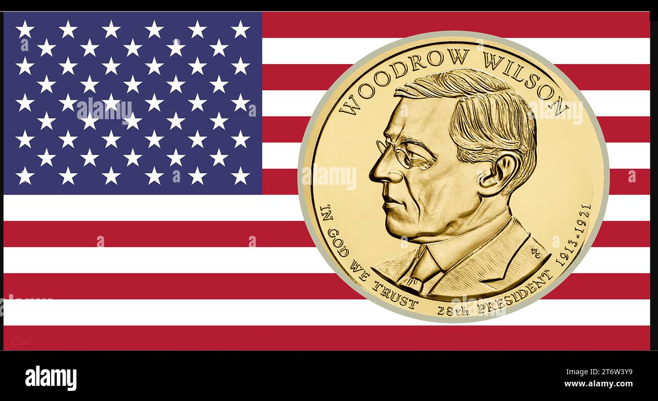 Former US President Woodrow Wilson portrayed on an American  coin bearing his image , on a background of the Stars and Stripes USA flag.. Thomas Woodrow Wilson ( 1856 –  1924) was an academic American politician  who became the 28th president of the United States Stock Photo