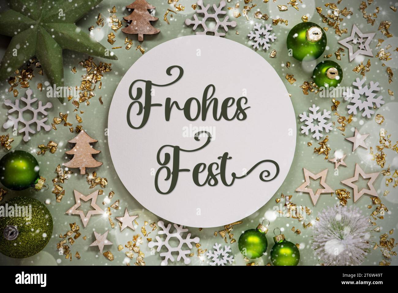 Text Frohes Fest, Means Happy Holidays, Green Christmas Decor, Snow Stock Photo