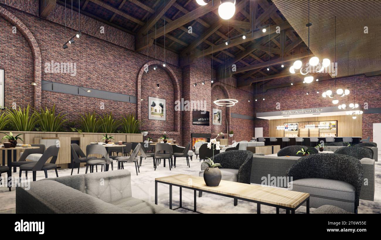 Industrial Restaurant and Bar Interior 3D rendering, 3D model Stock ...