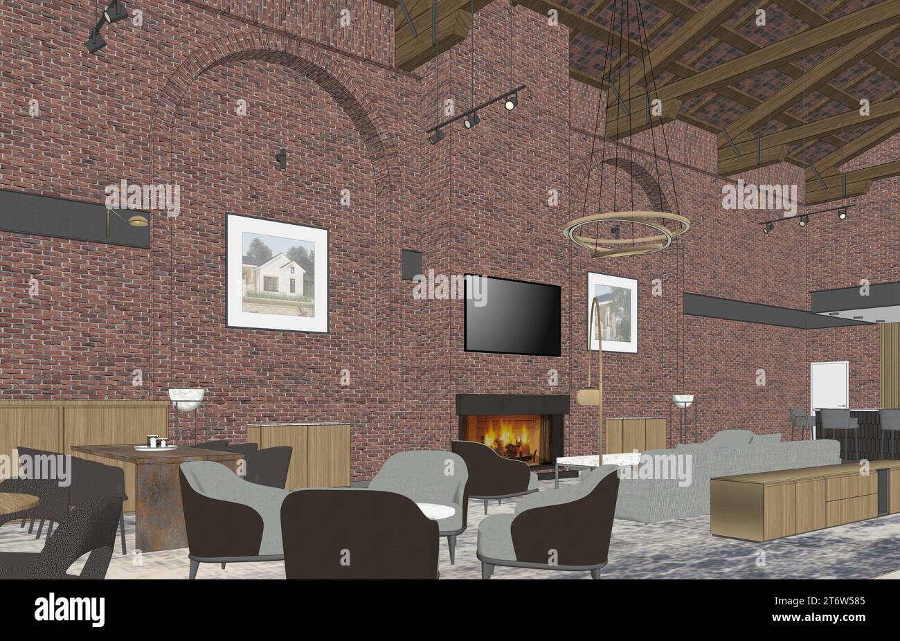 Industrial Restaurant and Bar Interior 3D rendering, 3D model Stock ...