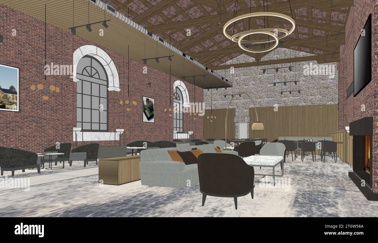Industrial Restaurant and Bar Interior 3D rendering, 3D model Stock ...