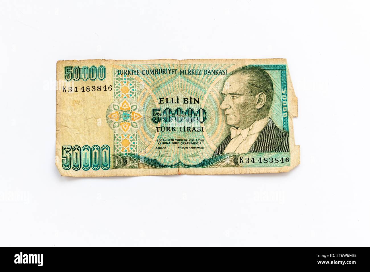 The front of an old Turkish fifty thousand lira bank note. Stock Photo
