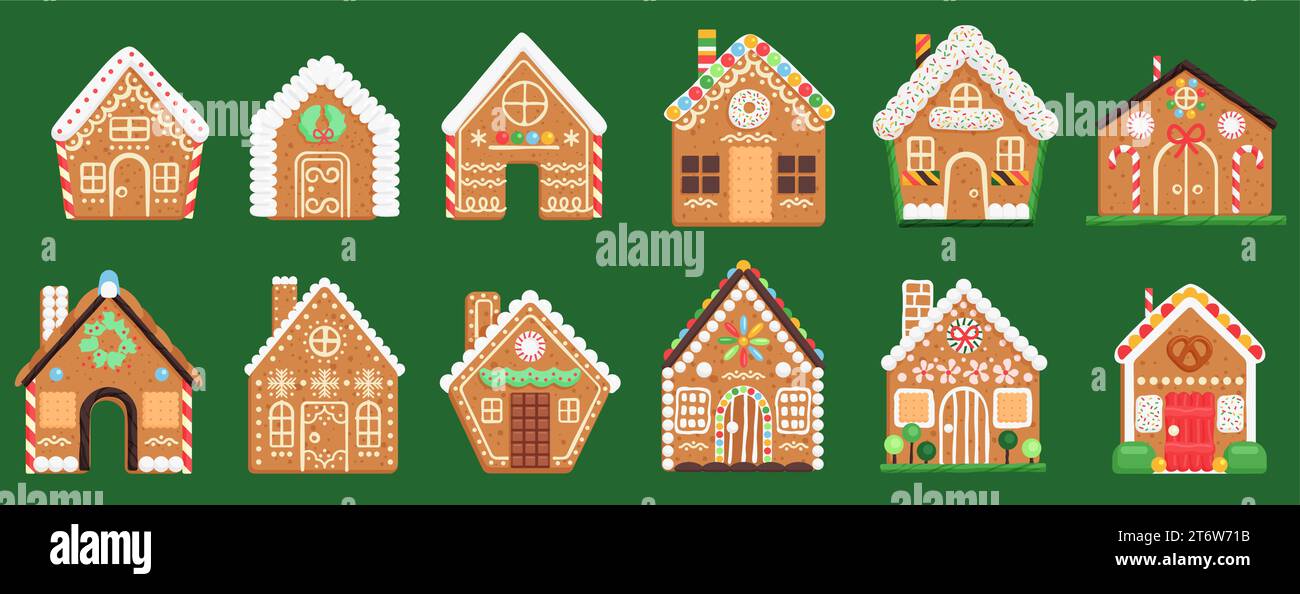 Cartoon isolated cute baked town buildings collection with candy and ...