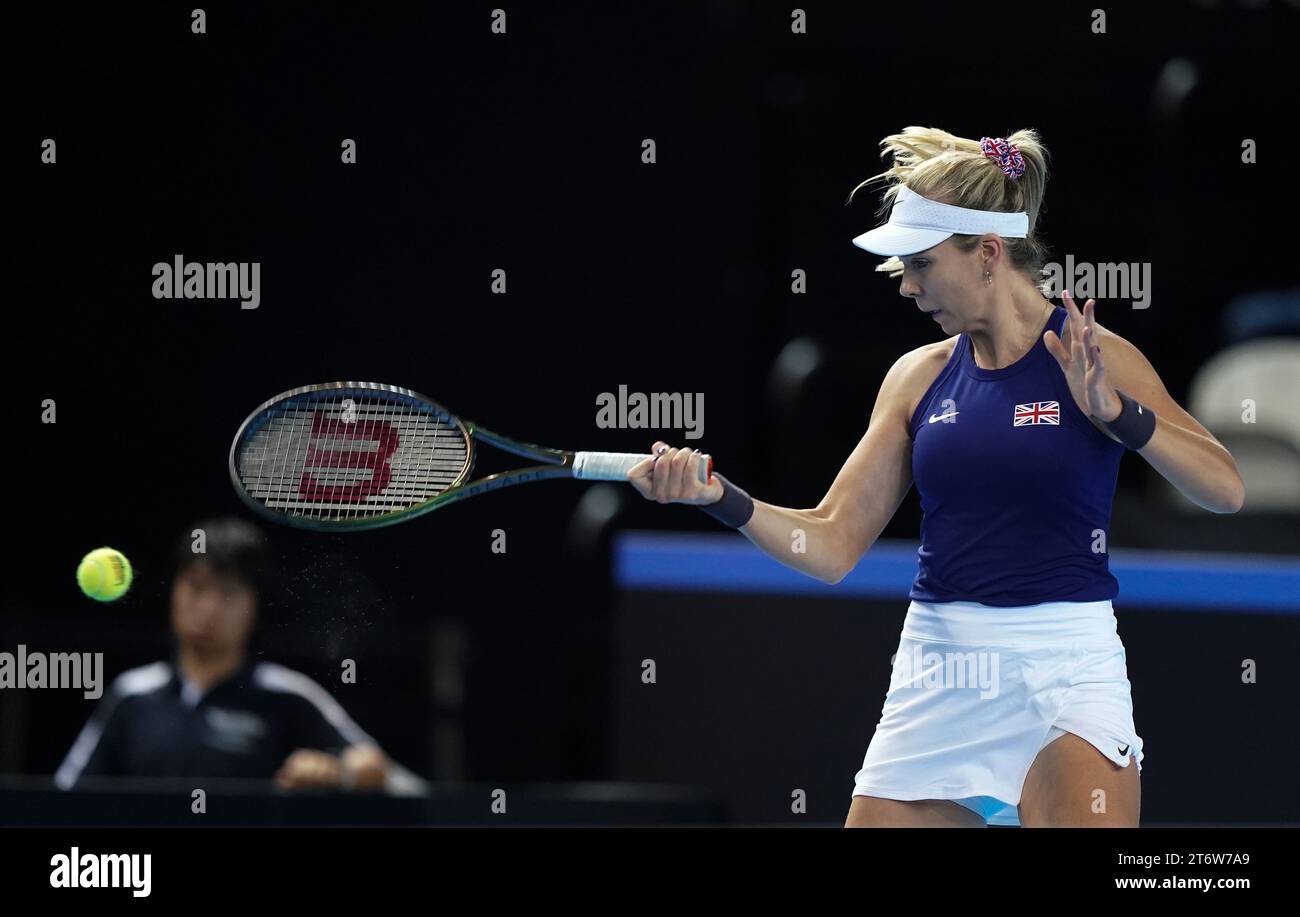 Great Britain’s Katie Boulter in action against Kajsa Rinaldo Persson (not pictured) during day two of the 2023 Billie Jean King Cup play-off between Great Britain and Sweden at the Copper Box Arena, London. Picture date: Sunday November 12, 2023. Stock Photo