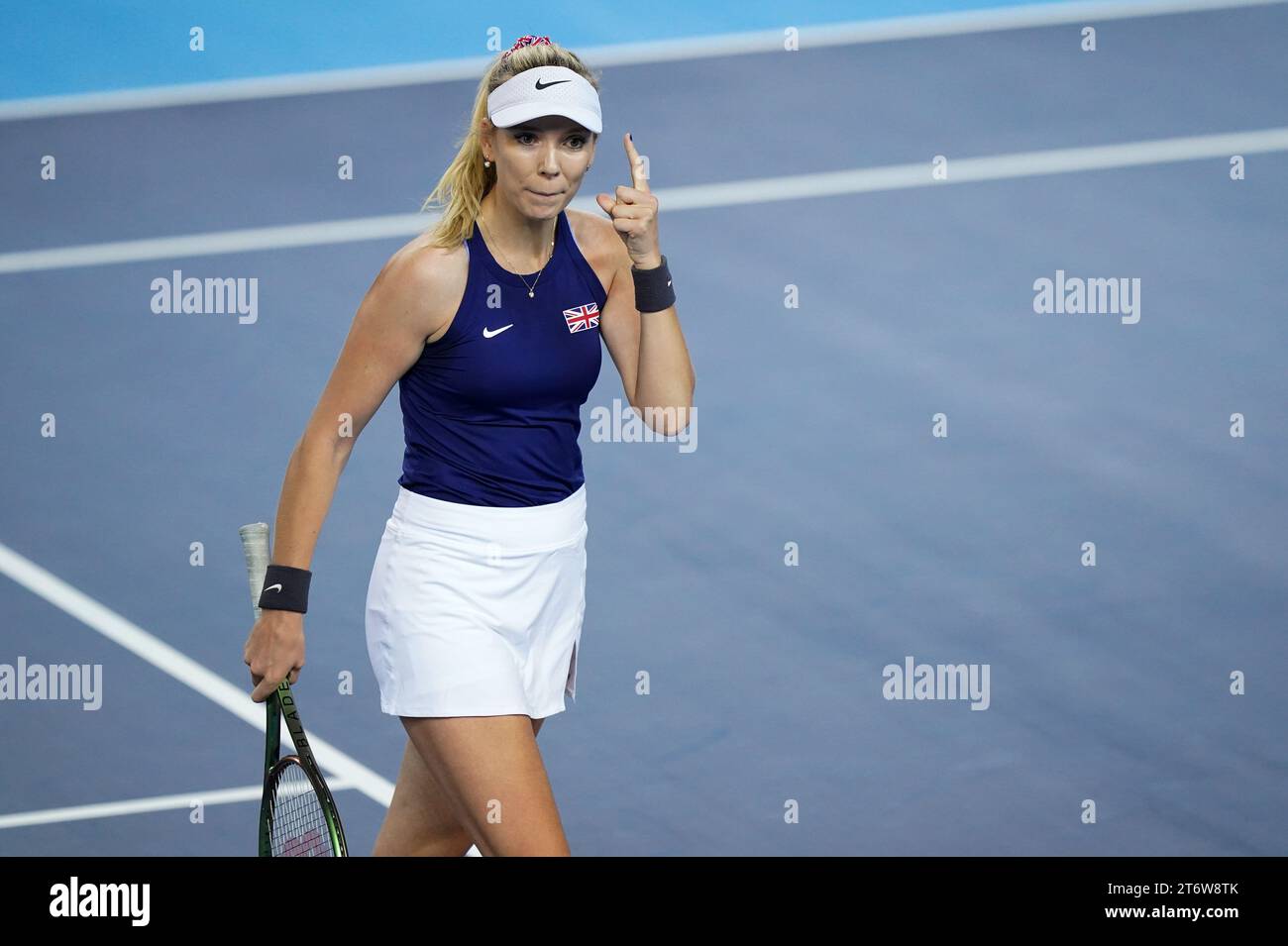 Great Britain's Katie Boulter celebrates winning a point against Sweden’s Kajsa Rinaldo Persson (not pictured) during day two of the 2023 Billie Jean King Cup play-off between Great Britain and Sweden at the Copper Box Arena, London. Picture date: Sunday November 12, 2023. Stock Photo