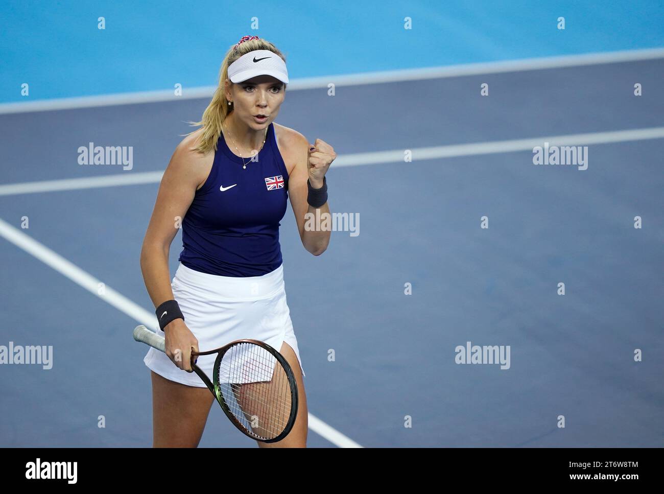 Great Britain's Katie Boulter celebrates winning a point against Sweden’s Kajsa Rinaldo Persson (not pictured) during day two of the 2023 Billie Jean King Cup play-off between Great Britain and Sweden at the Copper Box Arena, London. Picture date: Sunday November 12, 2023. Stock Photo