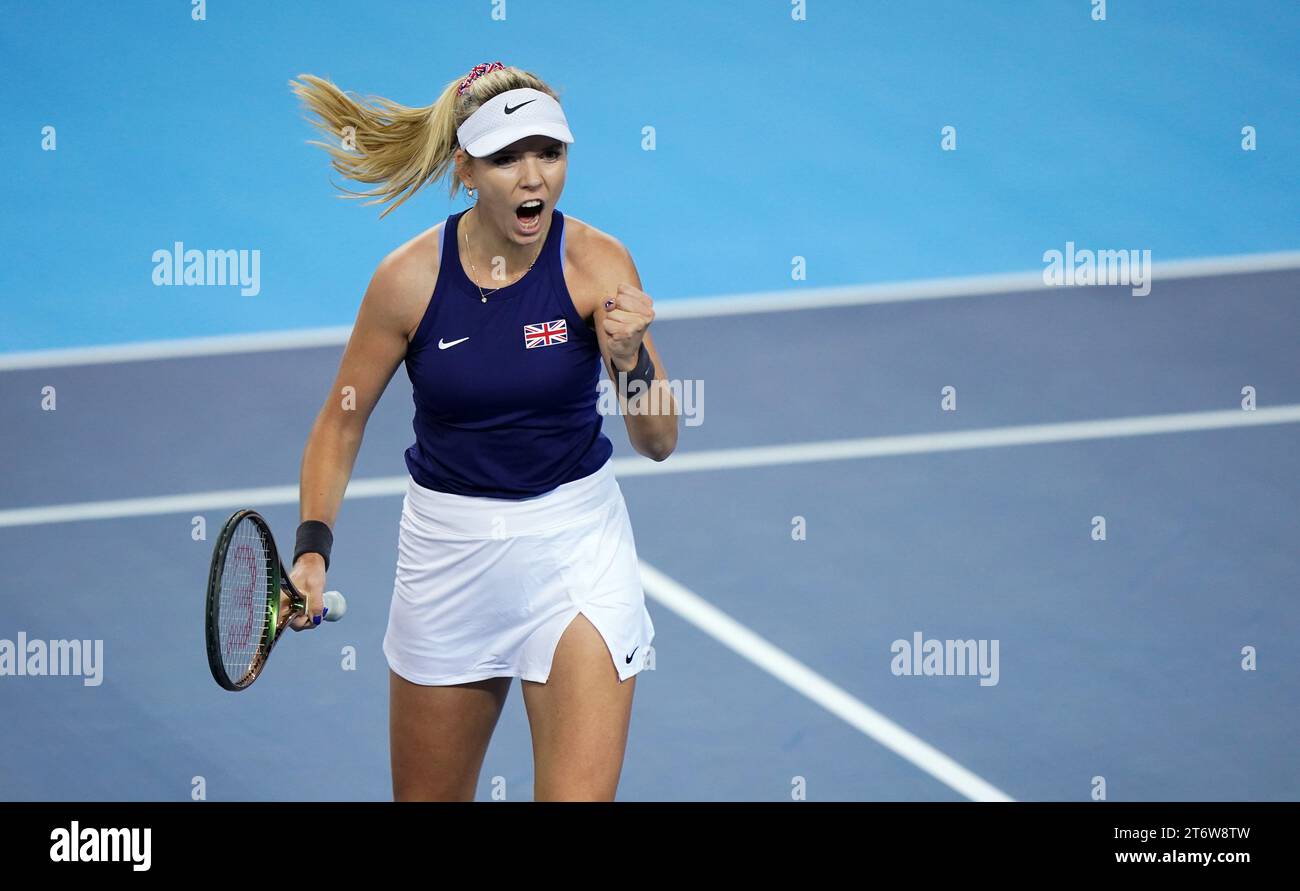 Great Britain's Katie Boulter celebrates winning a point against Sweden’s Kajsa Rinaldo Persson (not pictured) during day two of the 2023 Billie Jean King Cup play-off between Great Britain and Sweden at the Copper Box Arena, London. Picture date: Sunday November 12, 2023. Stock Photo
