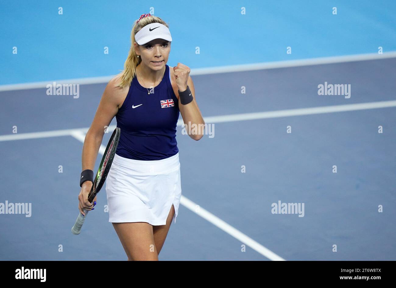 Great Britain's Katie Boulter celebrates winning a point against Sweden’s Kajsa Rinaldo Persson (not pictured) during day two of the 2023 Billie Jean King Cup play-off between Great Britain and Sweden at the Copper Box Arena, London. Picture date: Sunday November 12, 2023. Stock Photo