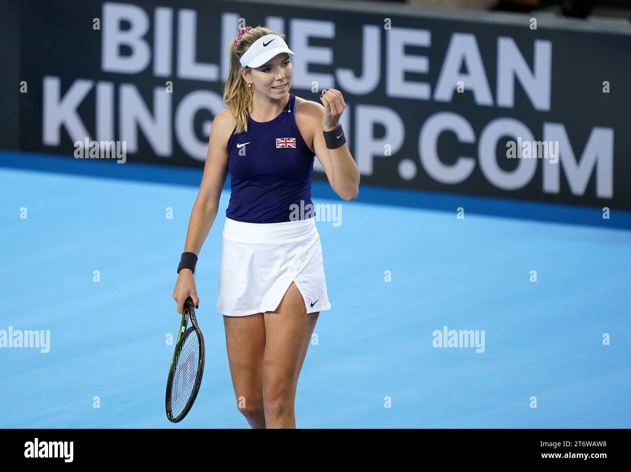 Great Britain's Katie Boulter celebrates winning a point against Sweden’s Kajsa Rinaldo Persson (not pictured) during day two of the 2023 Billie Jean King Cup play-off between Great Britain and Sweden at the Copper Box Arena, London. Picture date: Sunday November 12, 2023. Stock Photo