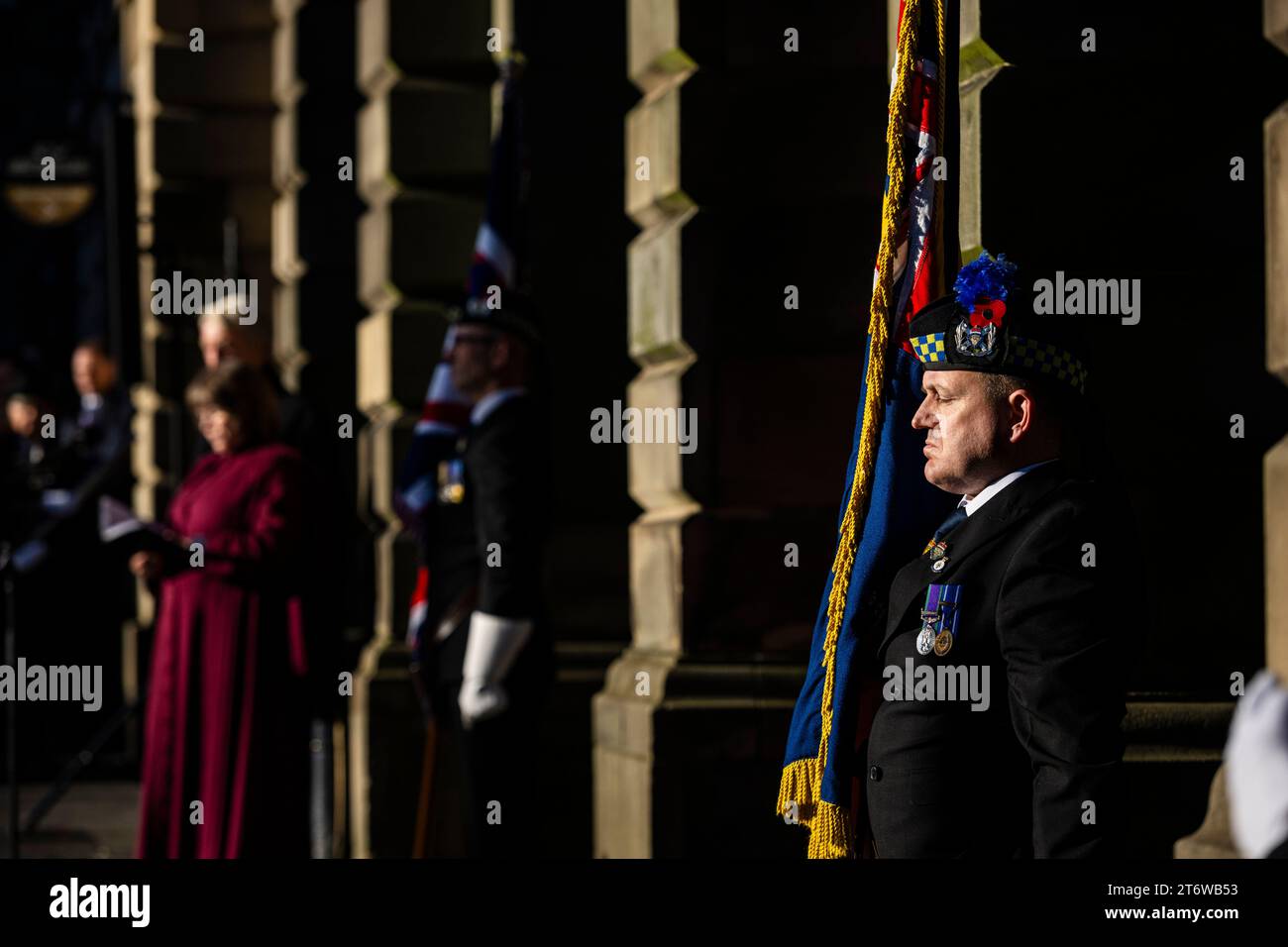 Atmosphere during the Remembrance Sunday service at Edinburgh City Chambers on the Royal Mile in Edinburgh.  Credit: Euan Cherry Stock Photo
