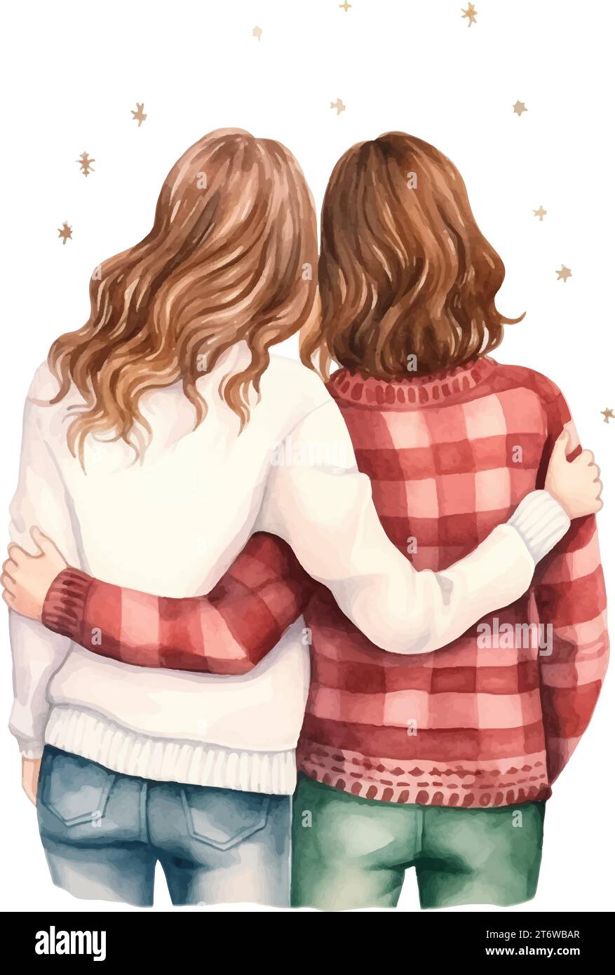 Two girls, friends hugging each other on Christmas, watercolor ...