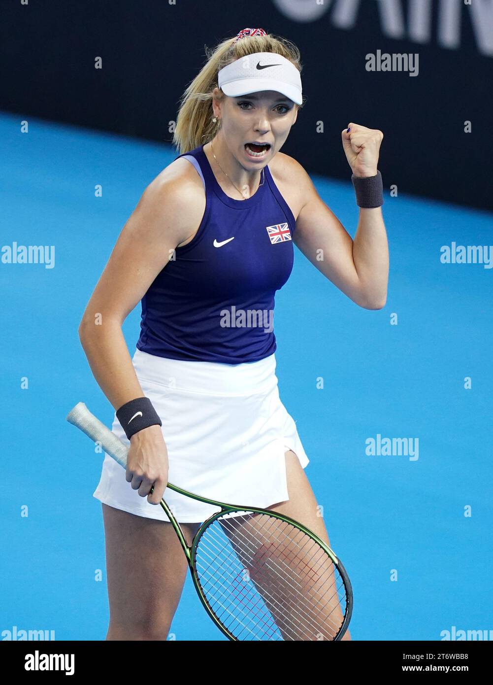 Great Britain's Katie Boulter celebrates winning a point against Sweden’s Kajsa Rinaldo Persson (not pictured) during day two of the 2023 Billie Jean King Cup play-off between Great Britain and Sweden at the Copper Box Arena, London. Picture date: Sunday November 12, 2023. Stock Photo