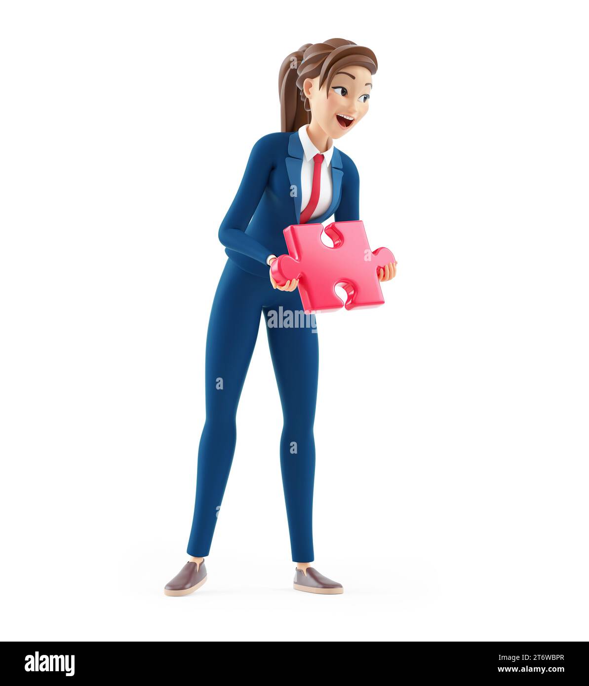 3d happy cartoon businesswoman holding piece of puzzle, illustration isolated on white background Stock Photo