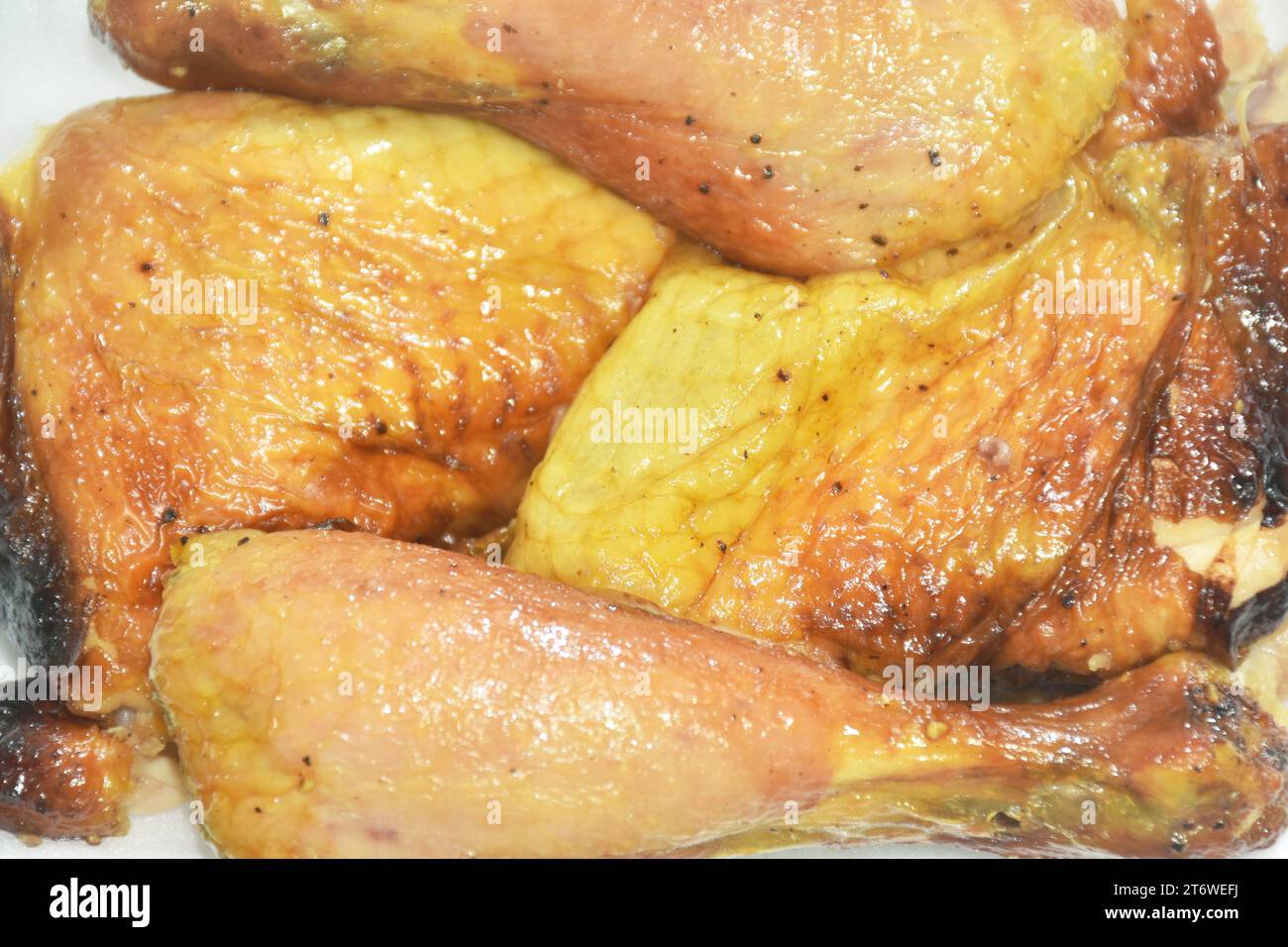 roasted chicken in foam box packing on white background Stock Photo Alamy