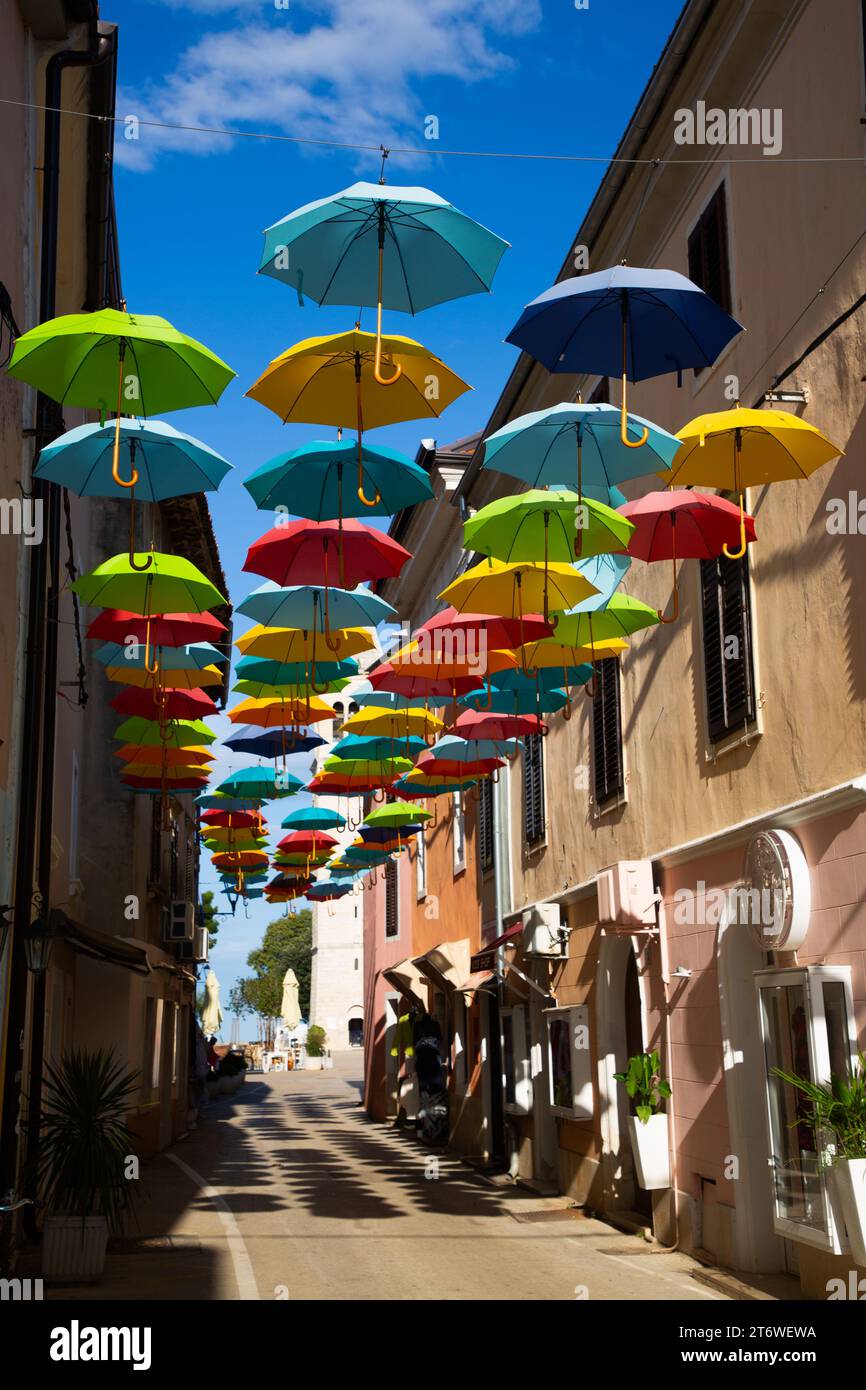 Hanging Umbrellas, Veliki Squiare Street, Old Town, Novigrad, Croatia Stock Photo