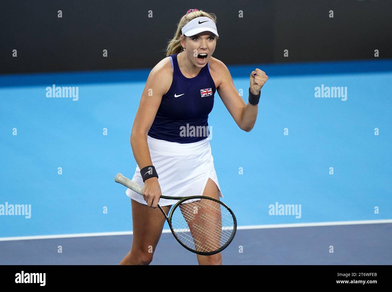 Great Britain's Katie Boulter celebrates winning a point against Sweden’s Kajsa Rinaldo Persson (not pictured) during day two of the 2023 Billie Jean King Cup play-off between Great Britain and Sweden at the Copper Box Arena, London. Picture date: Sunday November 12, 2023. Stock Photo