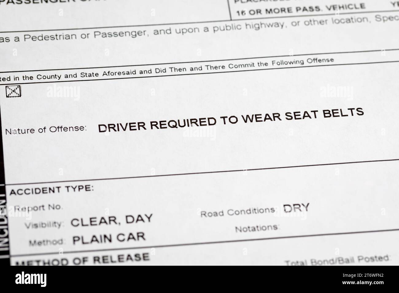 Seat belt traffic ticket. Traffic citation, fine and law concept Stock