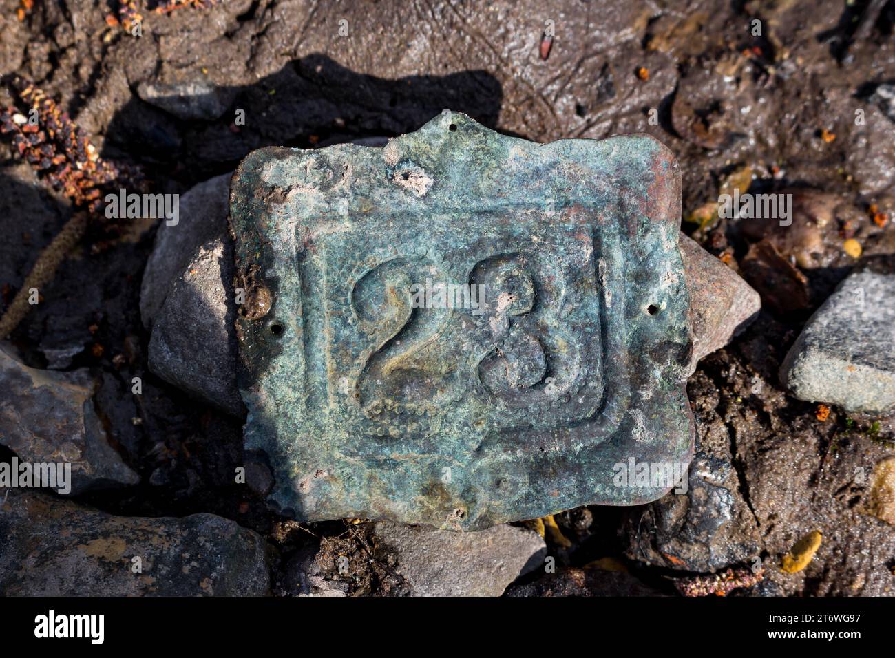 Old hammered copper door plate, green from oxidation, with the number