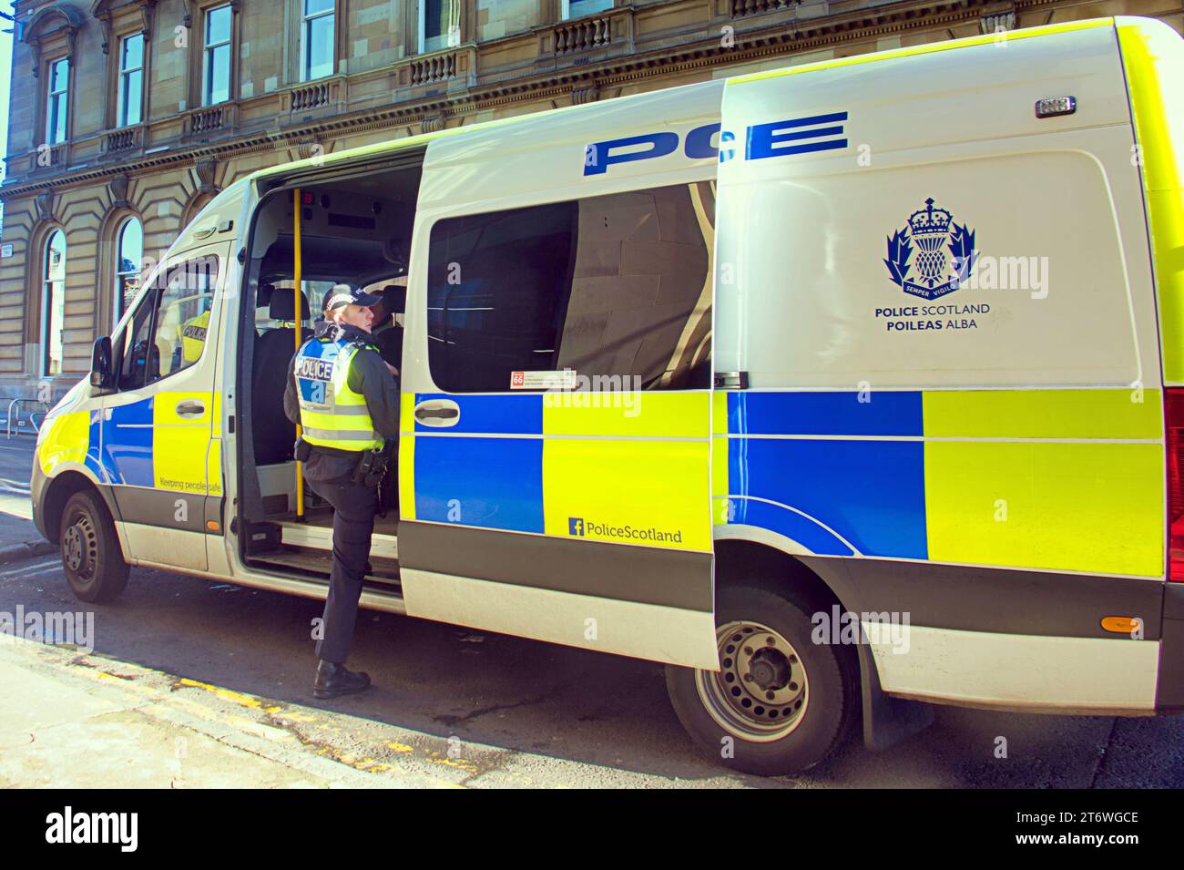 Glasgow, Scotland, UK. 12th November, 2023.Large police presence for remembrance Sunday in the city centre and the cenotaph with the remembrance garden in George square. Credit Gerard Ferry/Alamy Live News Stock Photo