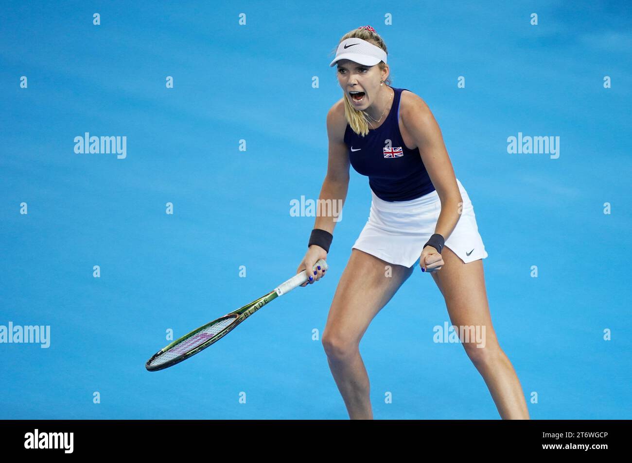 Great Britain's Katie Boulter celebrates after winning her match against Sweden’s Kajsa Rinaldo Persson (not pictured) during day two of the 2023 Billie Jean King Cup play-off between Great Britain and Sweden at the Copper Box Arena, London. Picture date: Sunday November 12, 2023. Stock Photo