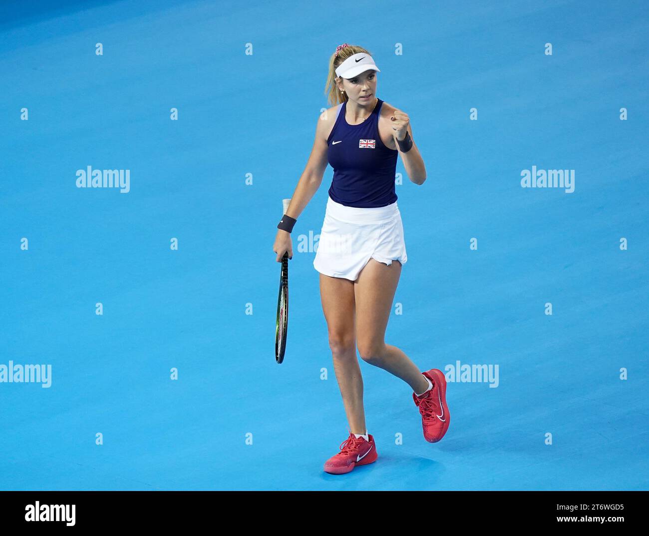 Great Britain's Katie Boulter celebrates winning a point against Sweden’s Kajsa Rinaldo Persson (not pictured) during day two of the 2023 Billie Jean King Cup play-off between Great Britain and Sweden at the Copper Box Arena, London. Picture date: Sunday November 12, 2023. Stock Photo