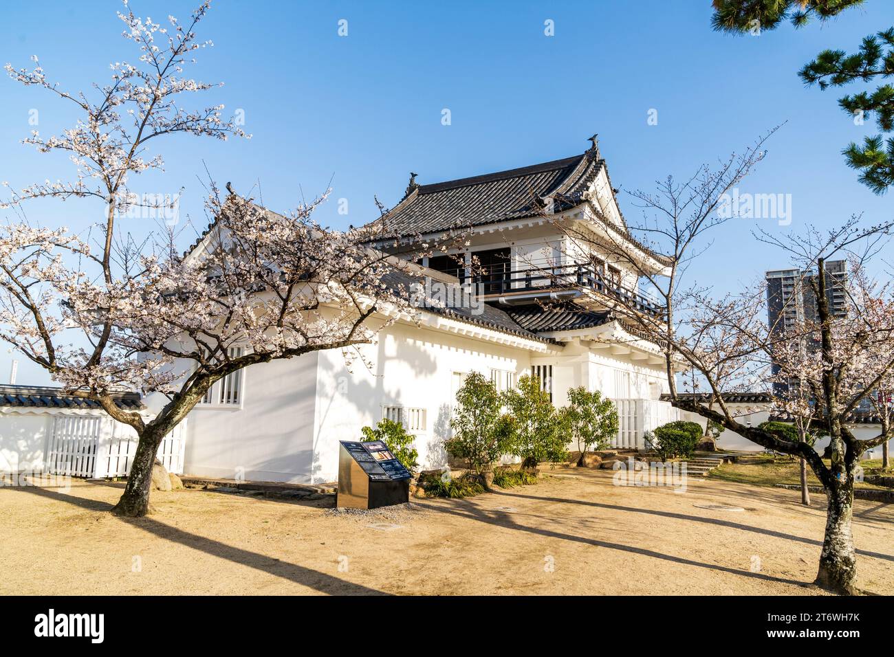 Fukuyama castle in Japan. The restored Tsukimi yagura, with its moon-viewing balcony, with cherry blossom trees and a clear blue springtime sky. Stock Photo