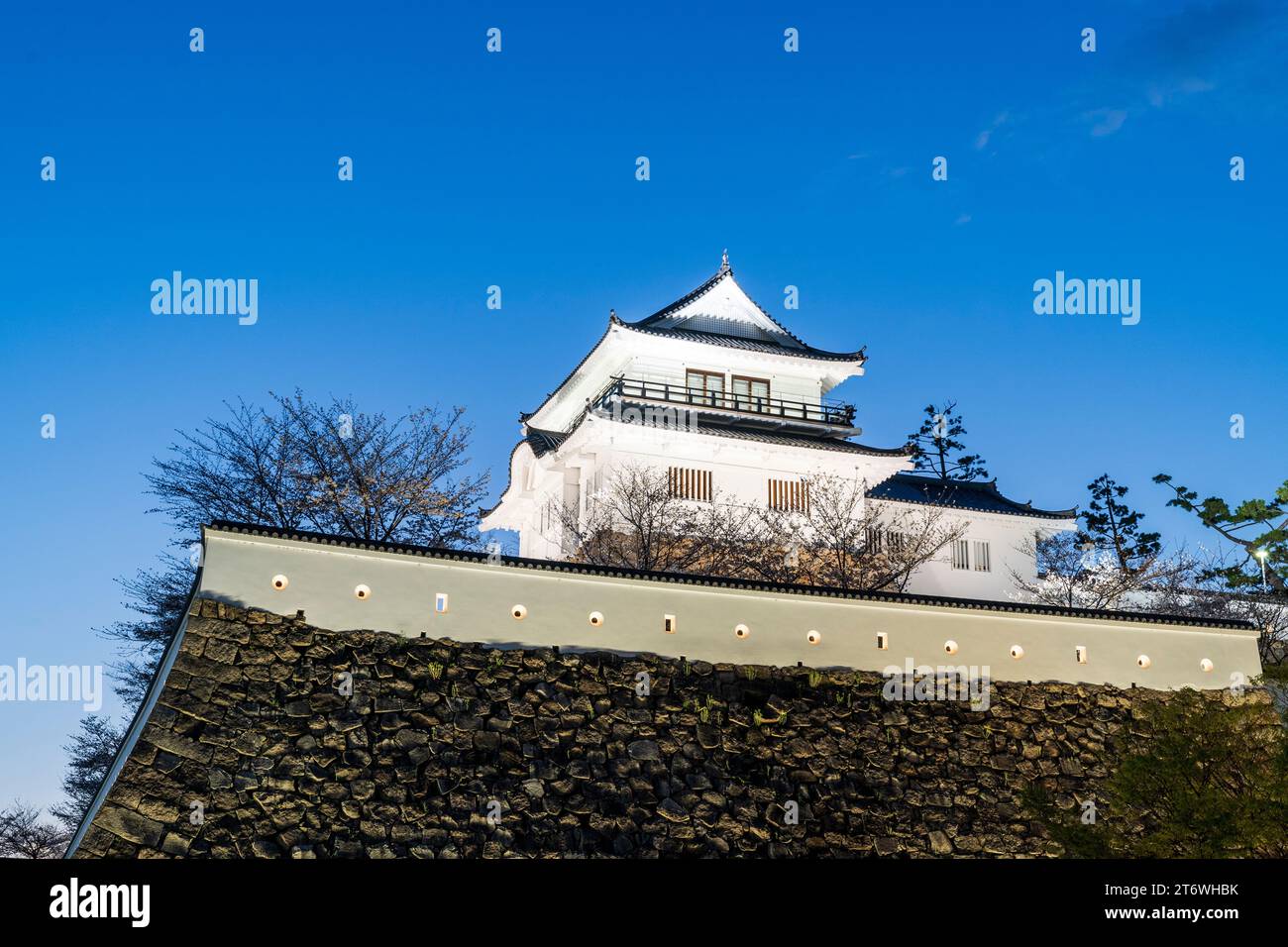 Fukuyama castle in Japan at night. Tsukimi yagura, moon viewing turret, illuminated on top of Ishigaki stone and dobei walls. Blue hour, springtime. Stock Photo