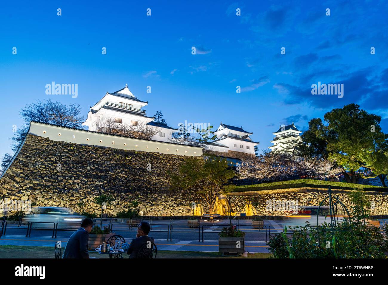 Fukuyama castle at night. Stone walls 2 yagura, turrets, the keep, and cherry blossoms illuminated at night. Foreground, 2 salaymen at street table. Stock Photo
