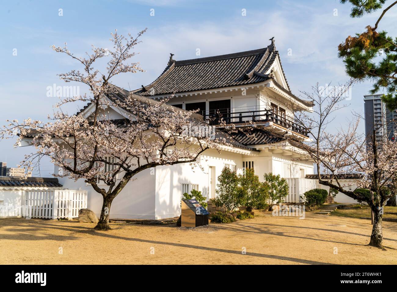 Fukuyama castle in Japan. The restored Tsukimi yagura, with its moon-viewing balcony, with cherry blossom trees and a clear blue springtime sky. Stock Photo