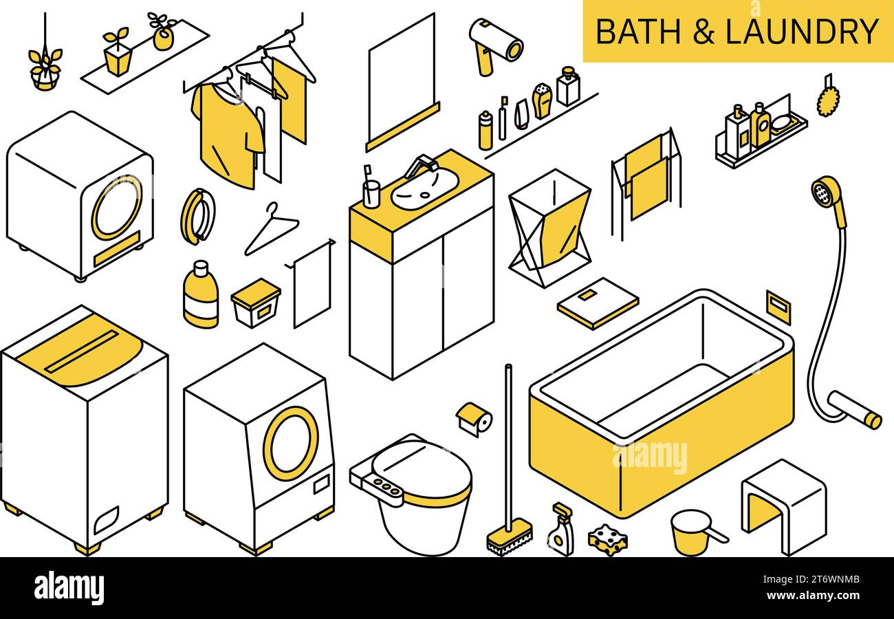 Illustration of bath and laundry products needed for new life, simple ...