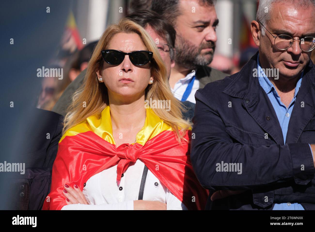 Right-wing protesters protest during a demonstration against the amnesty for Catalan separatists and against Pedro Sanchez in Puerta de Sol in Madrid, Stock Photo