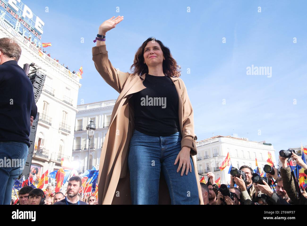 Isabel Diaz  Ayuso during a demonstration against the amnesty and against Pedro Sanchez in Puerta de Sol in Madrid, November 12, 2023, Spain Stock Photo